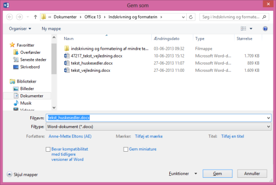 Microsoft Word 2013 Dokumenthåndtering oprette en mappe Vælg fanen FILER Gem som Computer - Gennemse. I skærmbilledet vælger du: Drev (hvor skal mappen oprettes; på USB-nøgle, harddisk serverdrev?