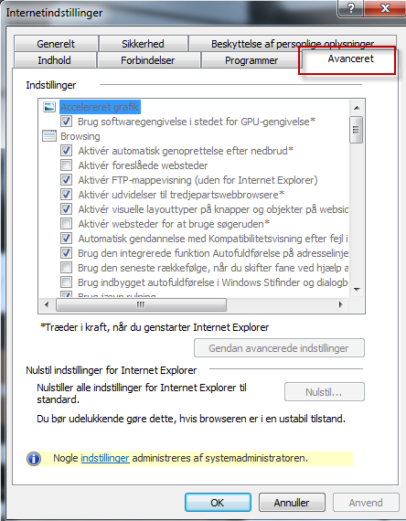 Vejledning til ændring af Internetindstillinger i Internet Explorer Engelsk Vælg Internet Options i menuen