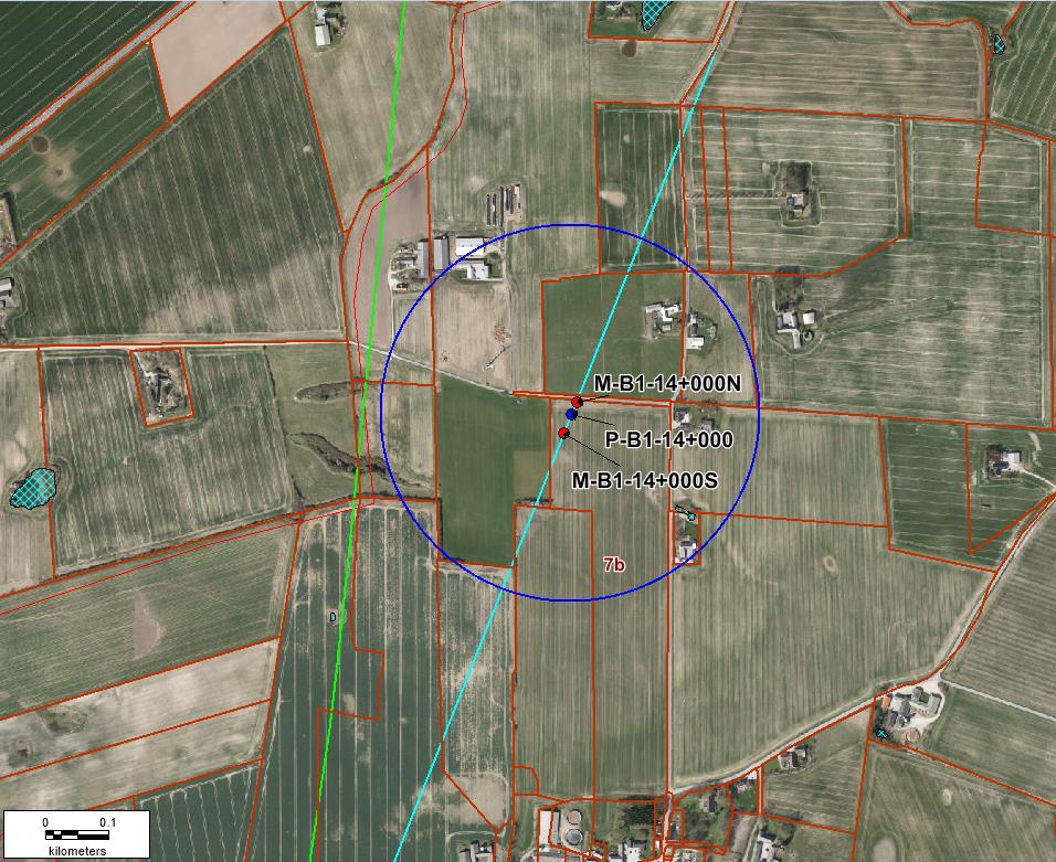 Figur 4: Boringsplaceringer i forhold til beskyttede områder. Blå cirkel indikerer 300 m zonen omkring M-B1-14-000N boringen. 2.