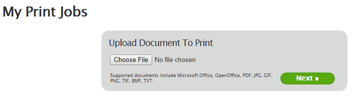Herefter kan du sende dit dokument til printsystemet ved at vælge det på din computer. Tryk på choose file og find filen. Tryk derefter på next.