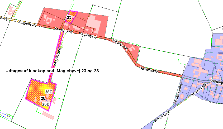 3.24 Udtagelse af Kloakopland Magleby V39 (Maglebyvej 23 og 28) To ejendomme, Maglebyvej 23 og 28, tages ud af eksisterende kloakopland Magleby V39.