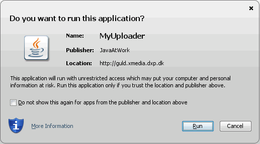Hvis du ikke har den nyeste Java installeret kommer dette vindue frem. Kør java installationen og husk at fjerne de 2 flueben her. Ved problemer, kontakt support@guldborgsund.