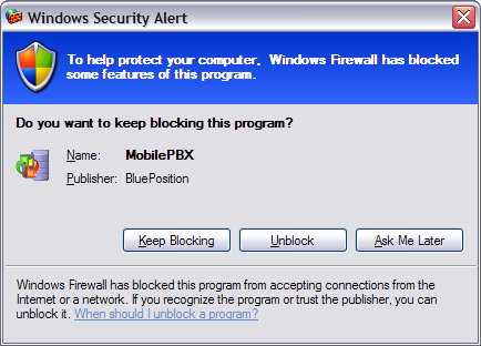 Side 14 af 14 Appendiks A: Windows Security Alert Under opstart af MobileStatus Viewer kan Windows XP vise nedenstående Windows Security Alert, idet MobileStatus Viewer vil forsøge at indhente status