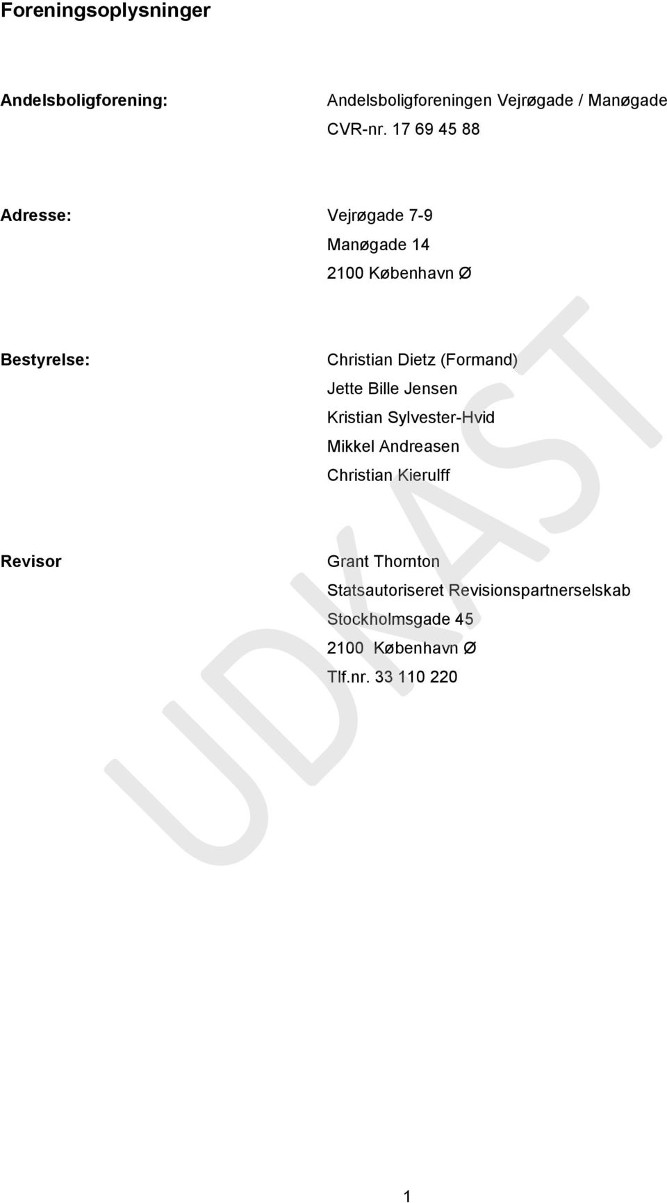 (Formand) Jette Bille Jensen Kristian Sylvester-Hvid Mikkel Andreasen Christian Kierulff Revisor