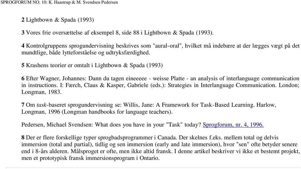 5 Krashens teorier er omtalt i Lightbown & Spada (1993) 6 Efter Wagner, Johannes: Dann du tagen eineeeee - weisse Platte - an analysis of interlanguage communication in instructions.
