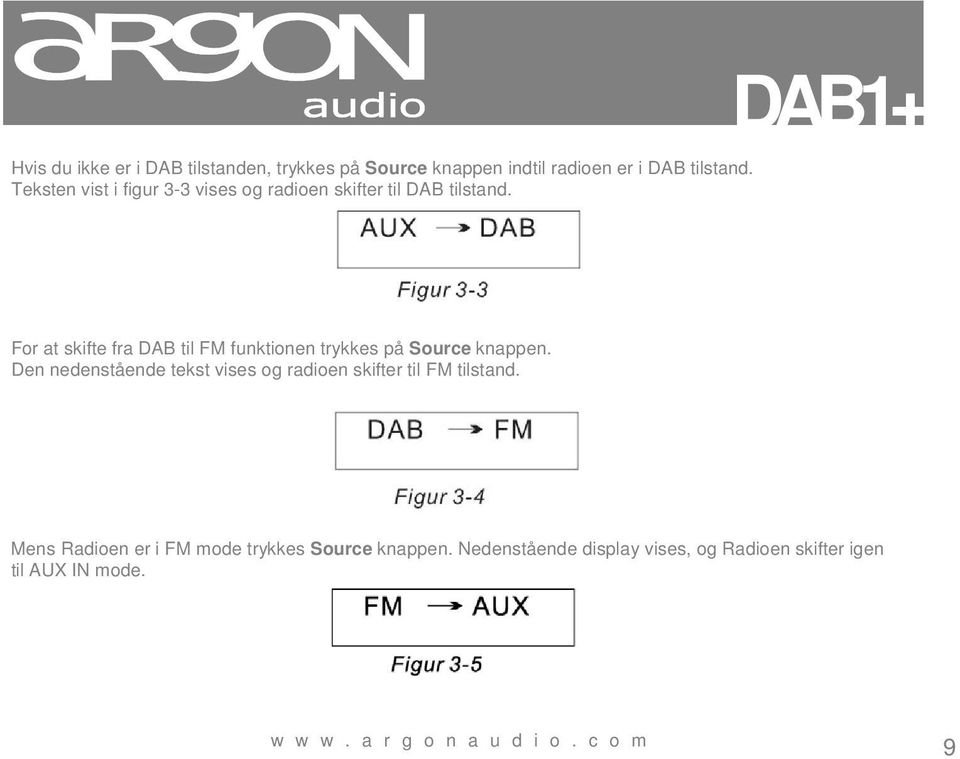 For at skifte fra DAB til FM funktionen trykkes på Source knappen.