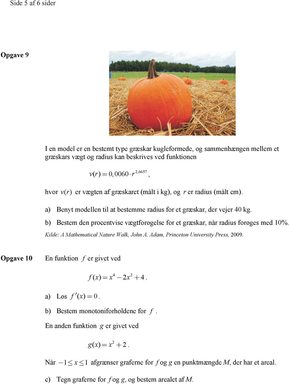 b) Bestem den procentvise vægtforøgelse for et græskar, når radius forøges med 10%. Kilde: A Mathematical Nature Walk, John A. Adam, Princeton University Press, 009.