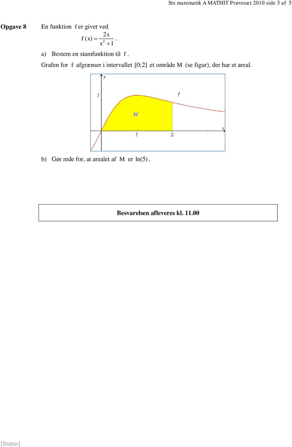 Grafen for f afgrænser i intervallet [0;] et område M (se figur), der