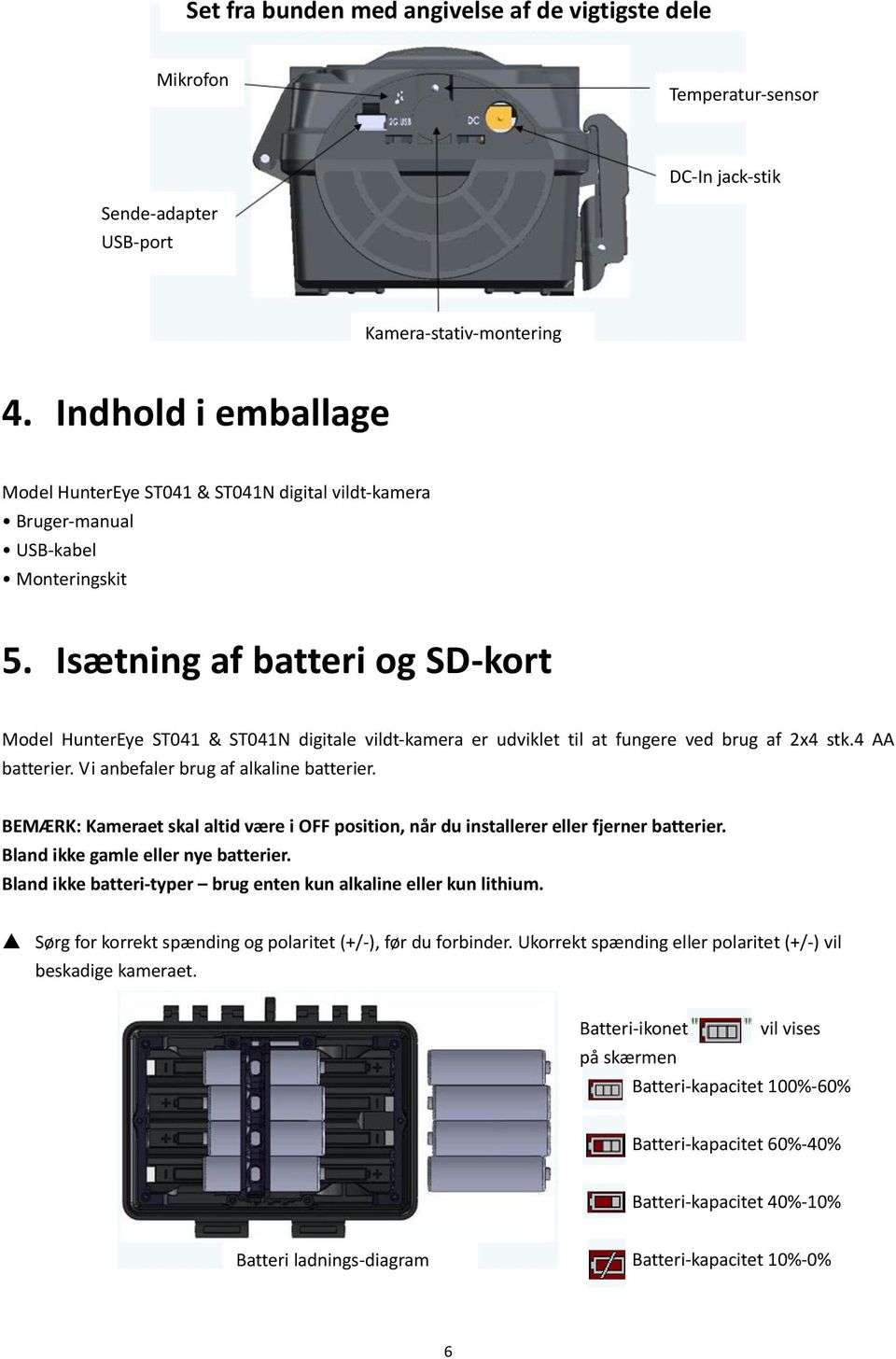 Isætning af batteri og SD-kort Model HunterEye ST041 & ST041N digitale vildt-kamera er udviklet til at fungere ved brug af 2x4 stk.4 AA batterier. Vi anbefaler brug af alkaline batterier.