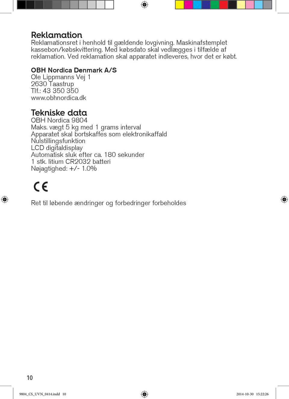 dk Tekniske data OBH Nordica 9804 Maks.