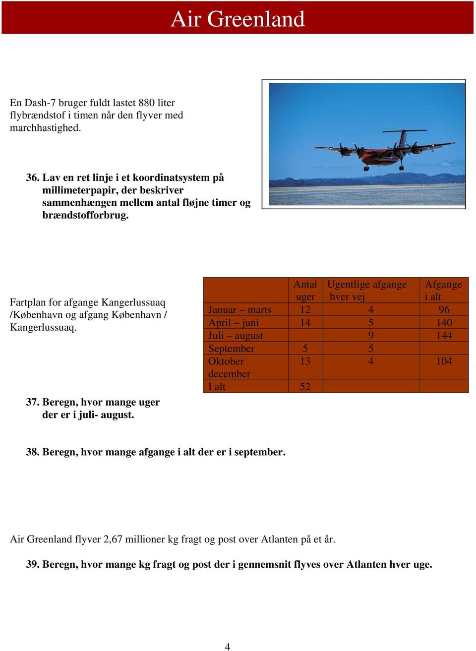 Fartplan for afgange Kangerlussuaq /København og afgang København / Kangerlussuaq. 37. Beregn, hvor mange uger der er i juli- august.