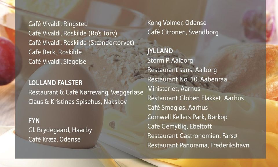 Brydegaard, Haarby Café Kræz, Odense Kong Volmer, Odense Café Citronen, Svendborg JYLLAND Storm P, Aalborg Restaurant sans, Aalborg Restaurant No.