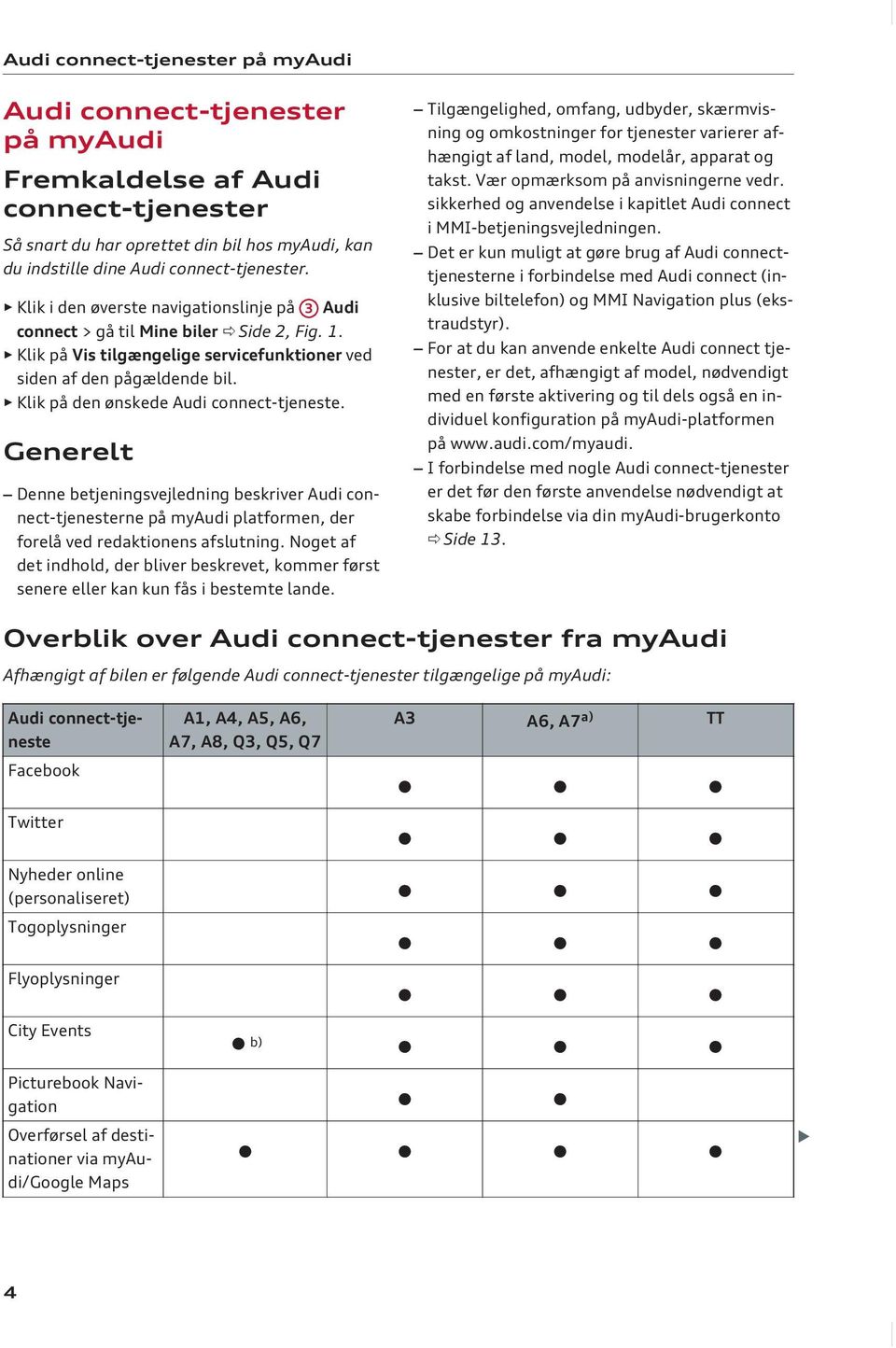 Klik på den ønskede Audi connect-tjeneste. Generelt Denne betjeningsvejledning beskriver Audi connect-tjenesterne på myaudi platformen, der forelå ved redaktionens afslutning.
