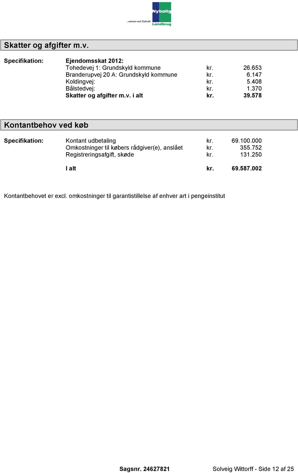 578 Kontantbehov ved køb Specifikation: Kontant udbetaling kr. 69.100.000 Omkostninger til købers rådgiver(e), anslået kr. 355.