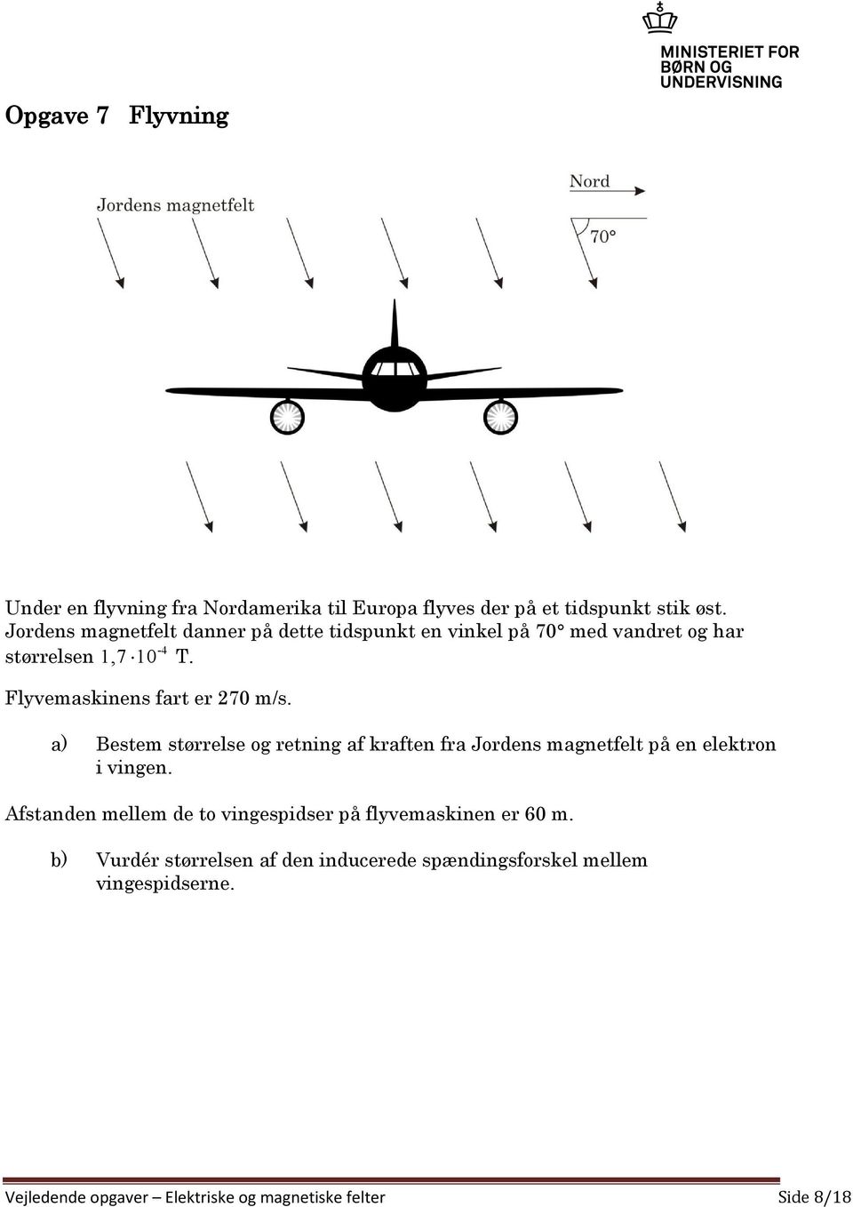Flyvemaskinens fart er 270 m/s. a) Bestem størrelse og retning af kraften fra Jordens magnetfelt på en elektron i vingen.