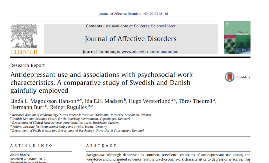 Høj følelsesmæssige krav i arbejdet var den stærkeste prædiktor for behandling med antidepressiv medicin i en samlet analyse af danske og svenske lønmodtagere Delprojekt I: Resultater