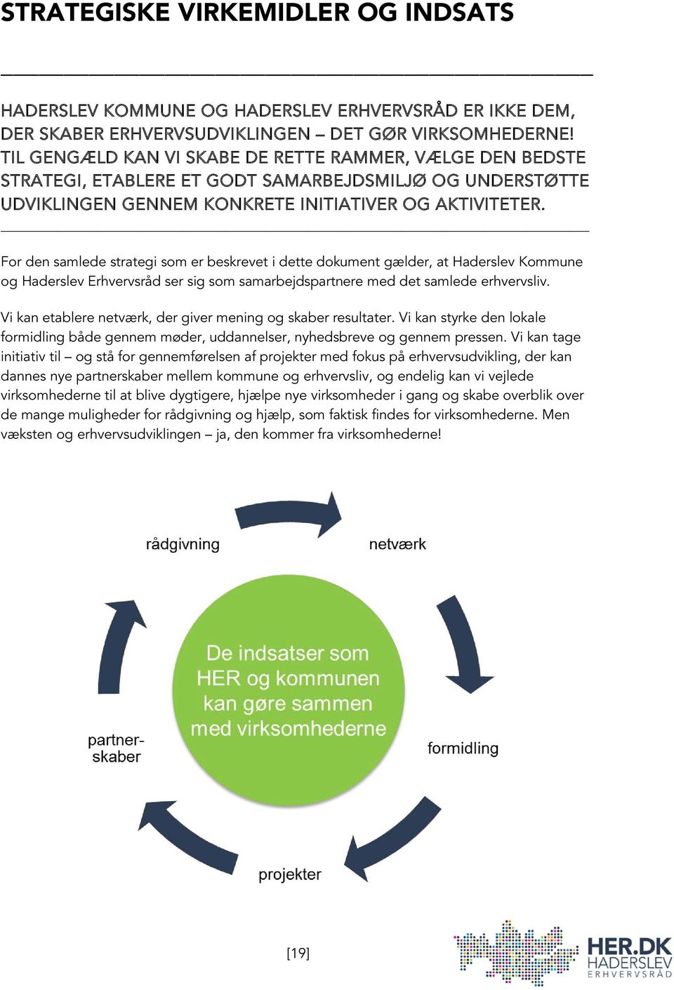 For den samlede strategi som er beskrevet i dette dokument gælder, at Haderslev Kommune og Haderslev Erhvervsråd ser sig som samarbejdspartnere med det samlede erhvervsliv.