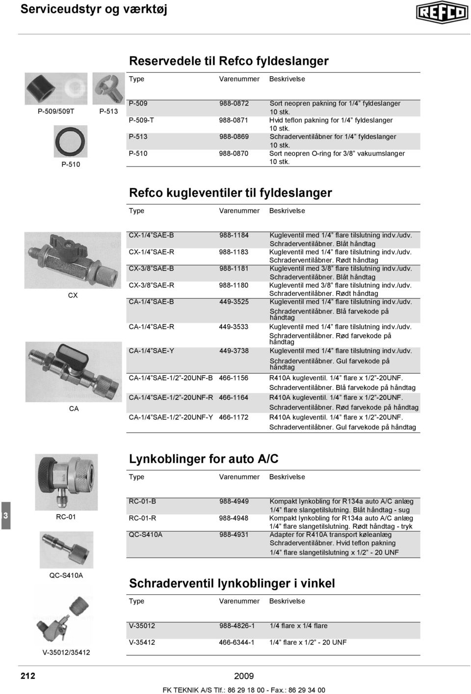 Refco kugleventiler til fyldeslanger CX CA CX-1/4 SAE-B 988-1184 Kugleventil med 1/4 flare tilslutning indv./udv. Schraderventilåbner.