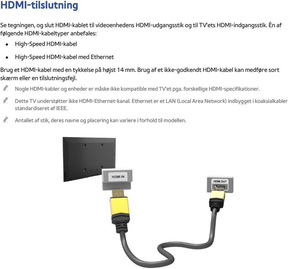 Brug af et ikke-godkendt HDMI-kabel kan medføre sort skærm eller en tilslutningsfejl. Nogle HDMI-kabler og enheder er måske ikke kompatible med TV'et pga.