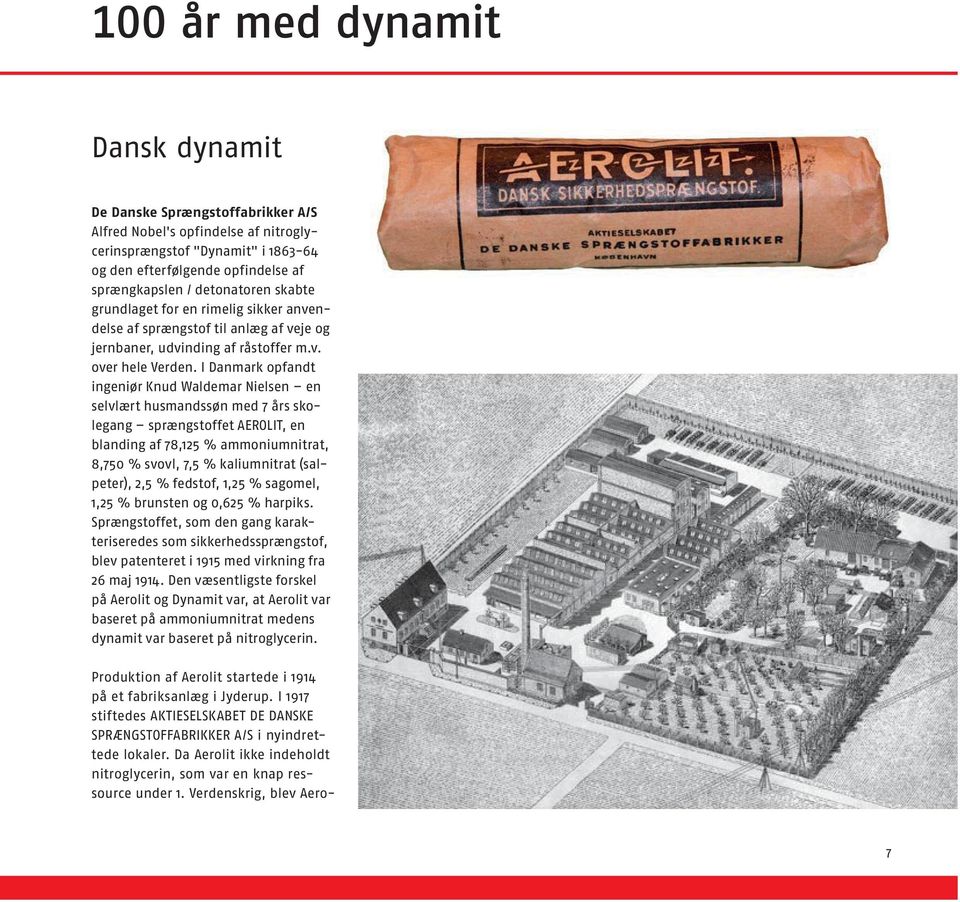 I Danmark opfandt ingeniør Knud Waldemar Nielsen en selvlært husmandssøn med 7 års skolegang sprængstoffet AEROLIT, en blanding af 78,125 % ammoniumnitrat, 8,750 % svovl, 7,5 % kaliumnitrat