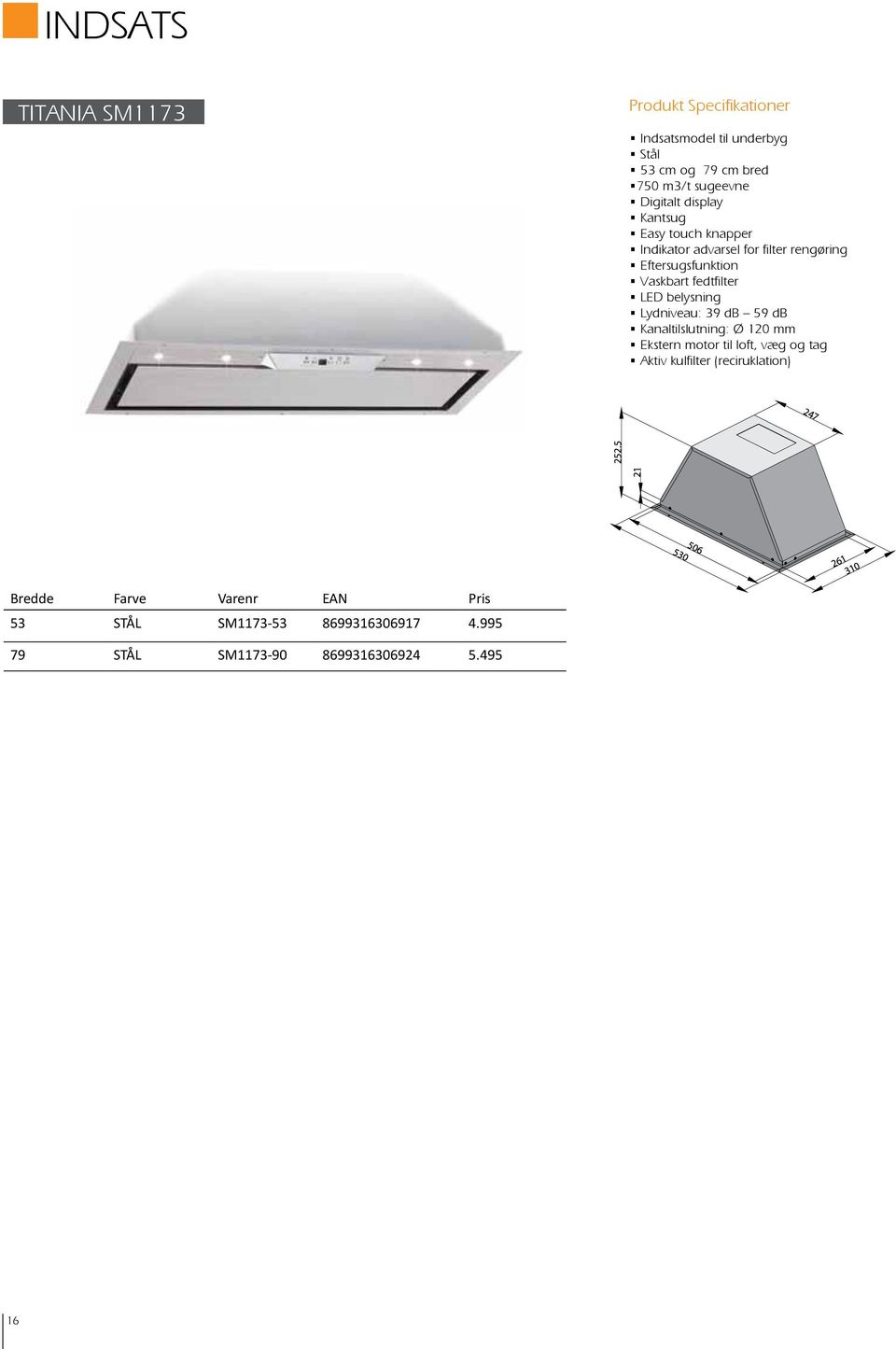fedtfilter LED belysning Lydniveau: 39 db 59 db Kanaltilslutning: Ø 1 mm Ekstern motor til loft, væg og