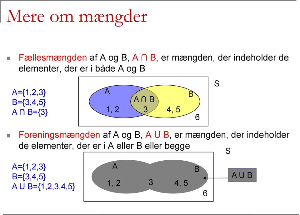 Foreningsmængden af A og B, A U B, er mængden, der indeholder de elementer, der