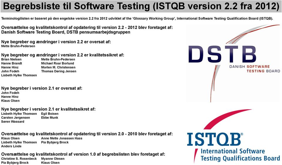 2-2012 blev foretaget af: Danish Software Testing Board, DSTB pensumsarbejdsgruppen Nye begreber og ændringer i version 2.2 er oversat af: Mette Bruhn-Pedersen Nye begreber og ændringer i version 2.