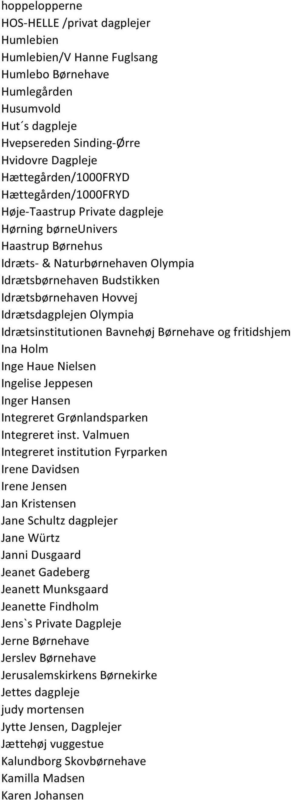 Olympia Idrætsinstitutionen Bavnehøj Børnehave og fritidshjem Ina Holm Inge Haue Nielsen Ingelise Jeppesen Inger Hansen Integreret Grønlandsparken Integreret inst.