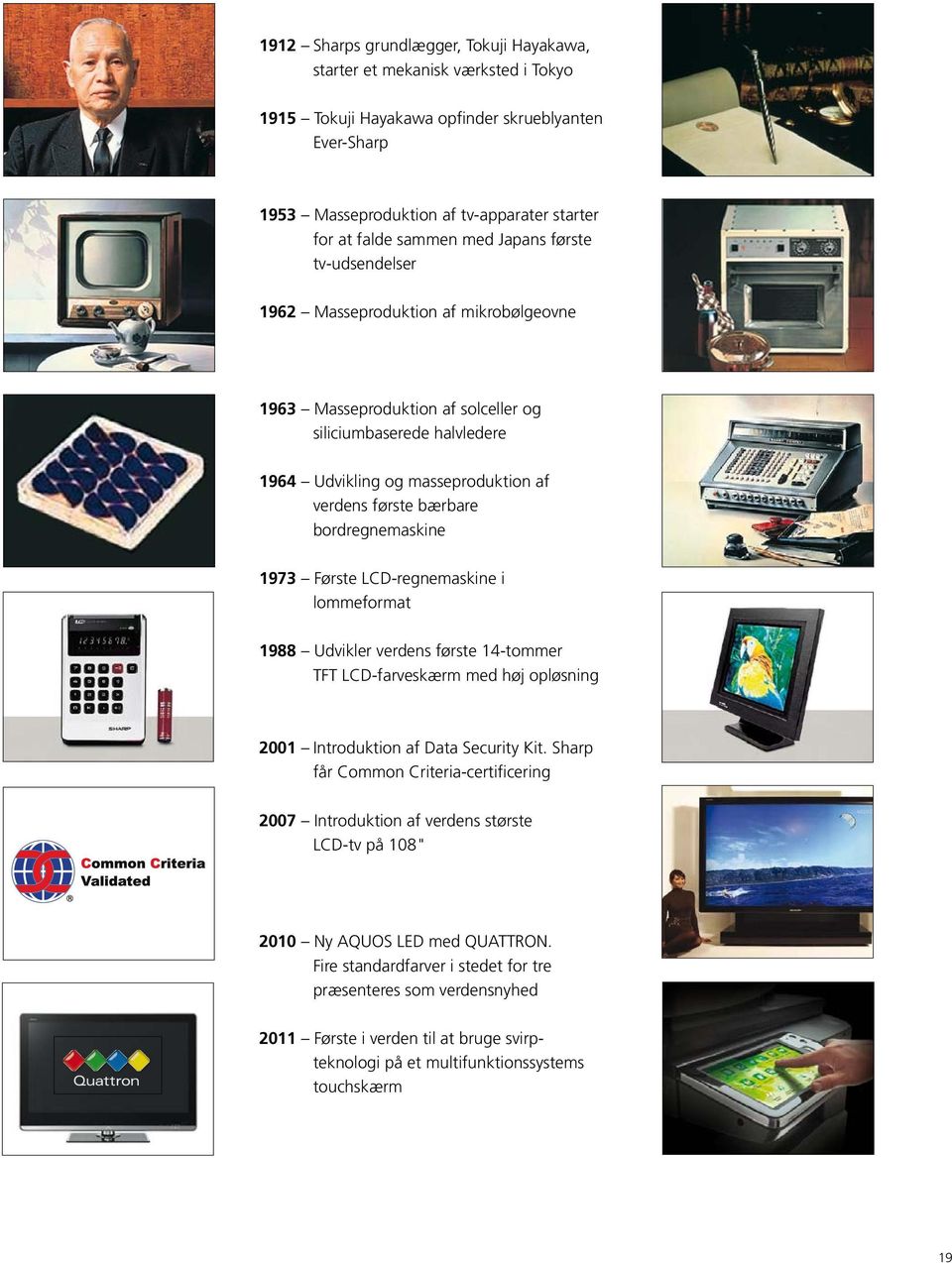 bordregnemaskine 1973 Første LCD-regnemaskine i lommeformat 1988 Udvikler verdens første 14-tommer TFT LCD-farveskærm med høj opløsning 2001 Introduktion af Data Security Kit.