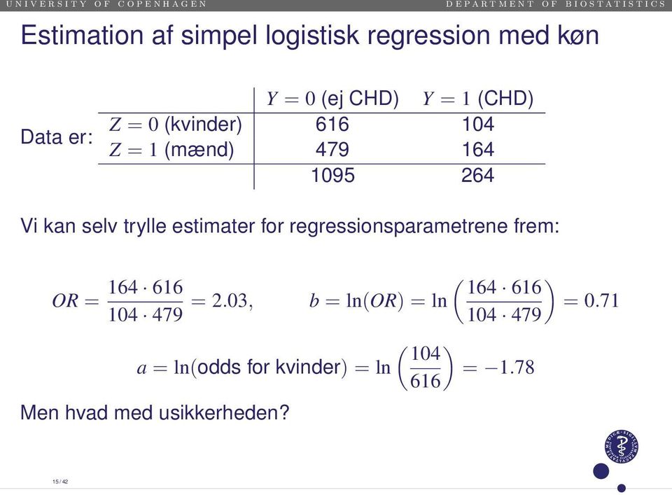 regressionsparametrene frem: OR = ( ) 164 616 164 616 104 479 = 2.