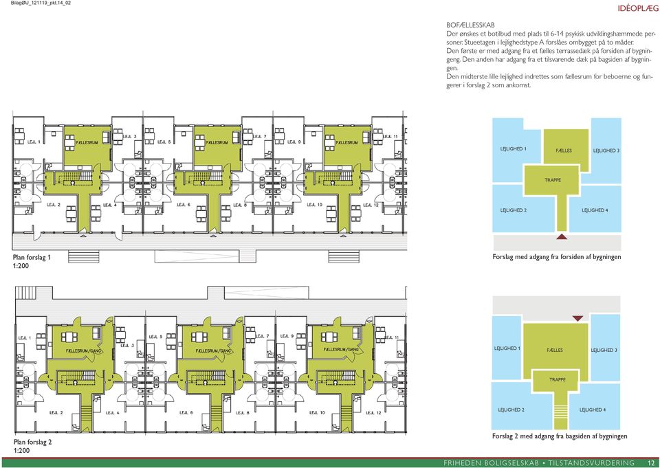Den midterste lille lejlighed indrettes som fællesrum for beboerne og fungerer i forslag 2 som ankomst.