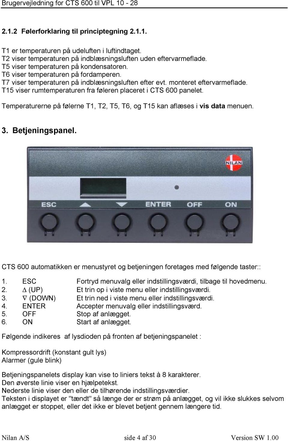 T15 viser rumtemperaturen fra føleren placeret i CTS 600 panelet. erne på følerne T1, T2, T5, T6, og T15 kan aflæses i vis data menuen. 3. Betjeningspanel.