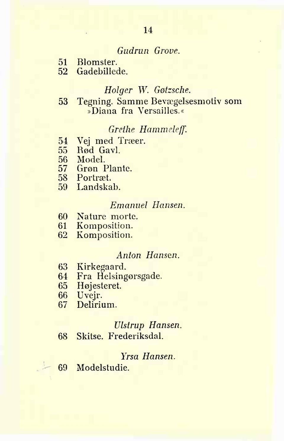 57 Grøn Plante. 58 Portræt. 59 Landskab. Emanuel 60 Nature morte. 61 Komposition. 62 Komposition. Hansen.