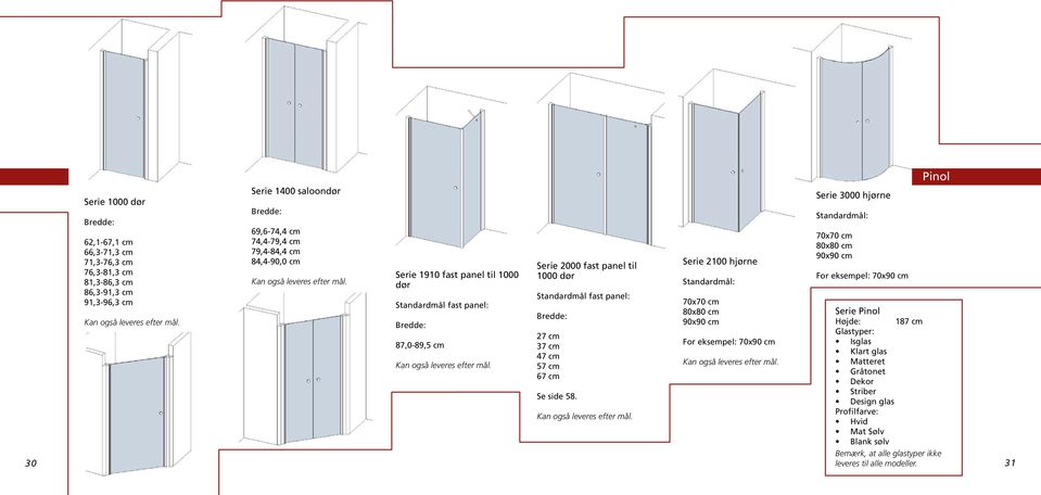 dør Standardmål: Standardmål fast panel: Standardmål fast panel: 70x70 cm 80x80 cm Serie Pinol Bredde: Kan også leveres efter mål.