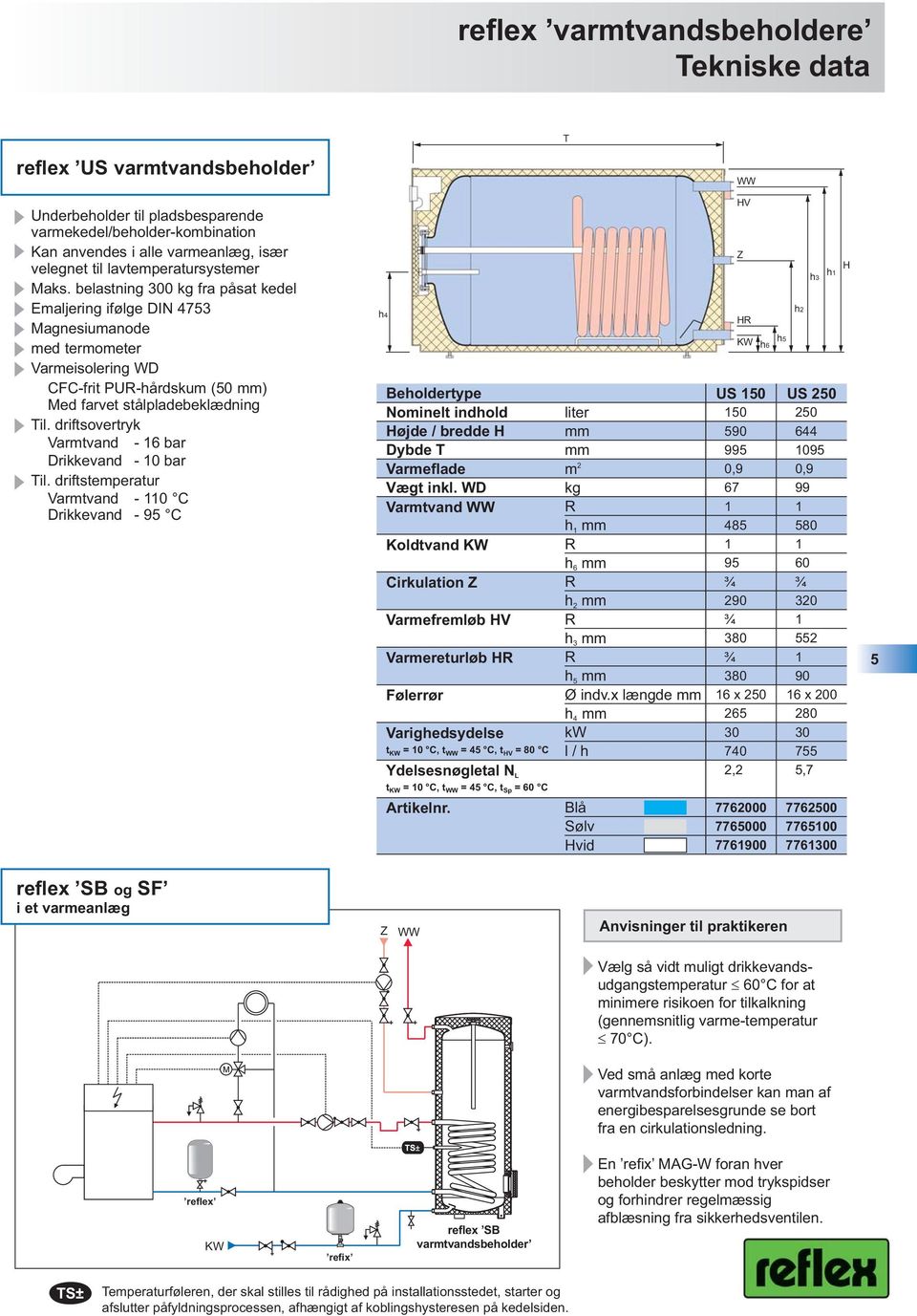 belastning 300 kg fra påsat kedel Emaljering ifølge DIN 4753 Magnesiumanode med termometer Varmeisolering WD CFC-frit PUR-hårdskum (50 mm) Med farvet stålpladebeklædning Til.