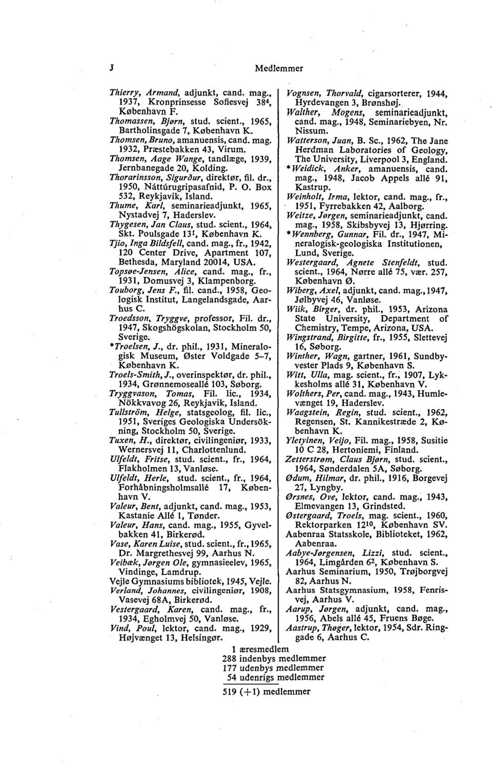 Se, 1962, The Jane 1932, Præstebakken 43, Virum. Herdman Laboratories of Geology, Thomsen, Aage Wange, tandlæge, 1939, The University, Liverpool 3, England. Jernbanegade 20, Kolding.