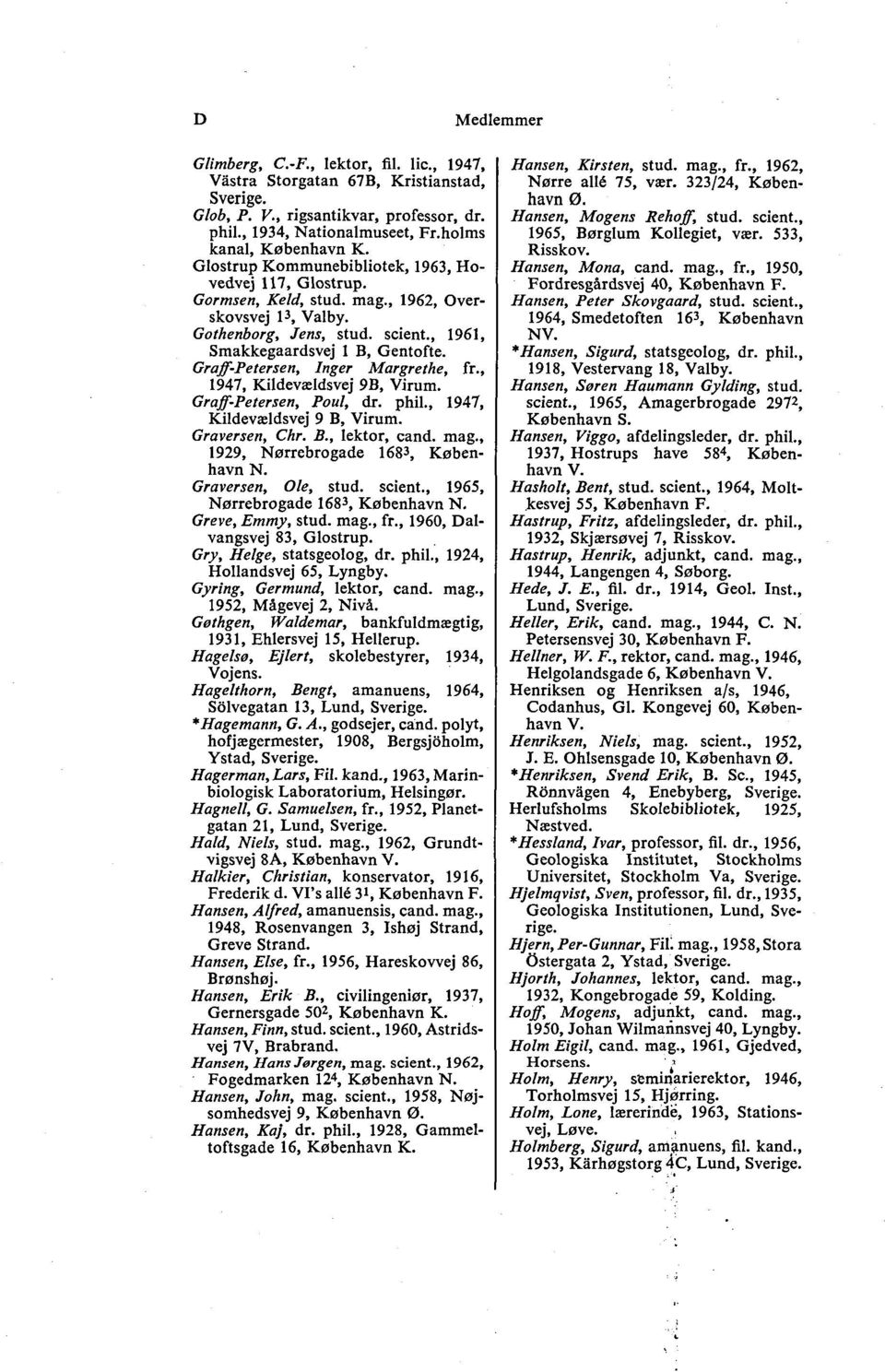 Graff-Petersen, Inger Margrethe, fr., 1947, Kildevældsvej 9B, Virum. Graff-Petersen, Poul, dr. phil., 1947, Kildevældsvej 9 B, Virum. Graversen, Chr. B., lektor, cand. mag.