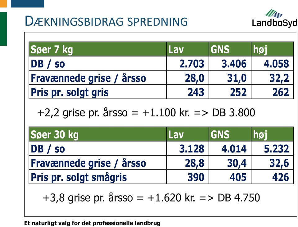 årsso = +1.100 kr. => DB 3.800 Søer 30 kg Lav GNS høj DB / so 3.128 4.014 5.