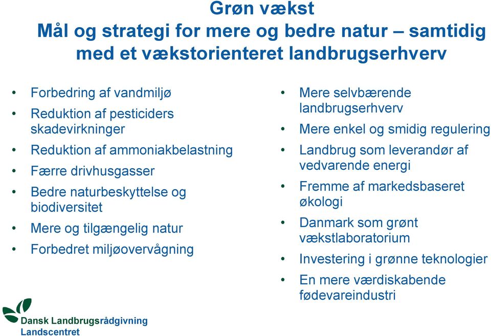 natur Forbedret miljøovervågning Mere selvbærende landbrugserhverv Mere enkel og smidig regulering Landbrug som leverandør af vedvarende
