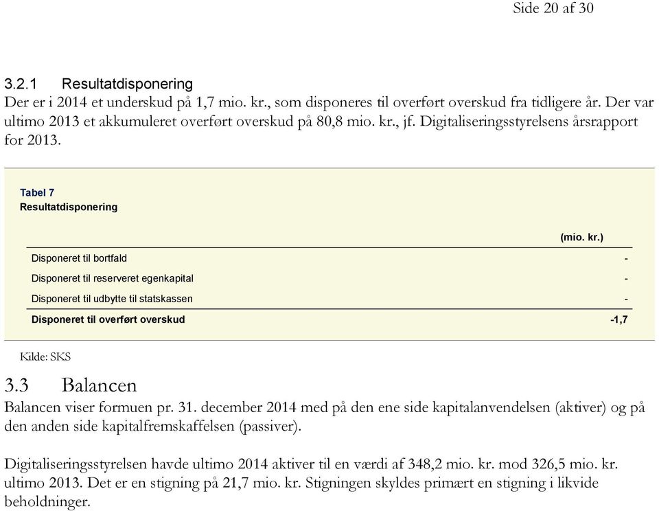 , jf. Digitaliseringsstyrelsens årsrapport for 2013. Tabel 7 Resultatdisponering (mio. kr.