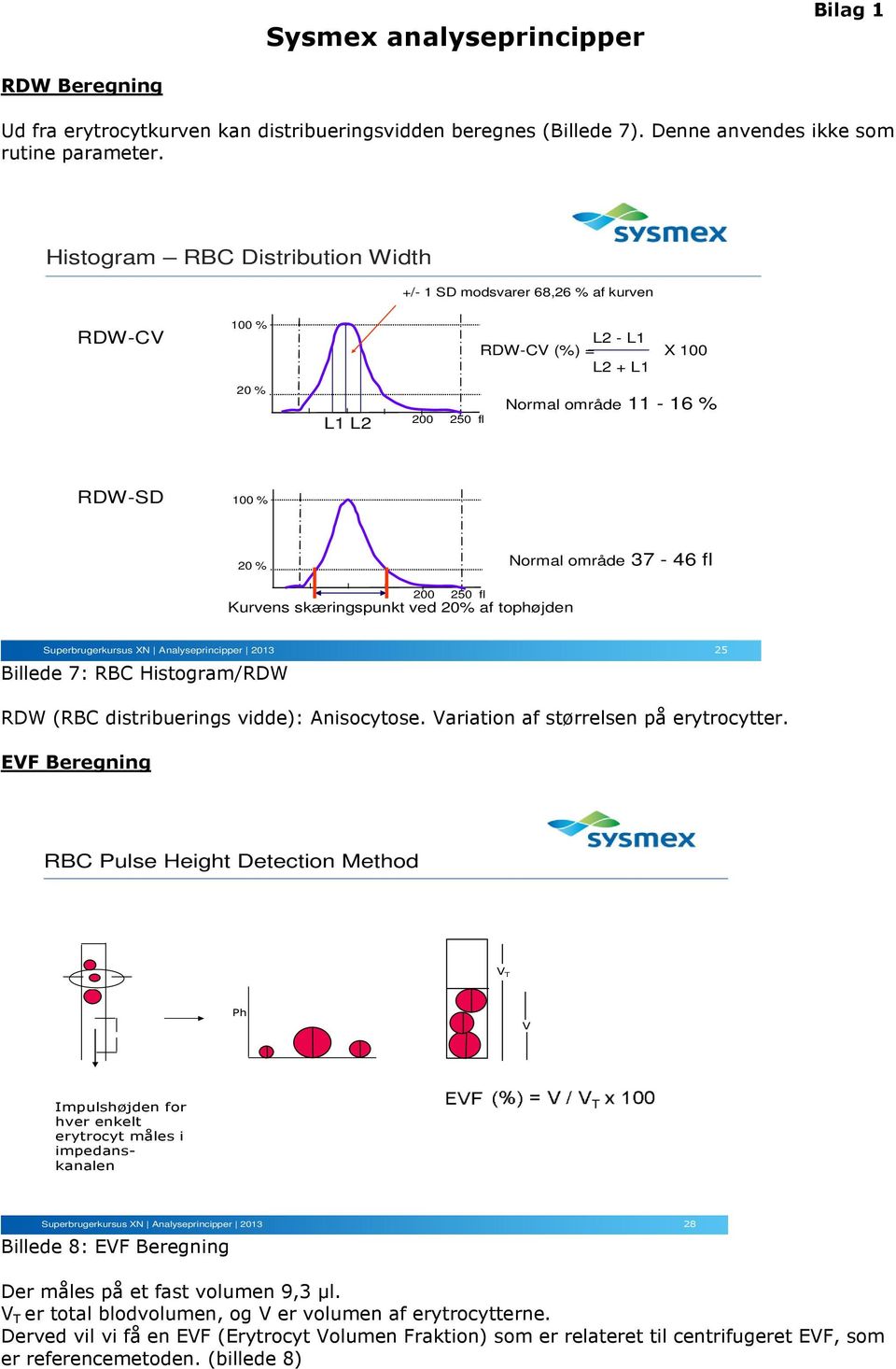 fl 200 250 fl Kurvens skæringspunkt ved 20% af tophøjden 25 Billede 7: RBC Histogram/RDW RDW (RBC distribuerings vidde): Anisocytose. Variation af størrelsen på erytrocytter.
