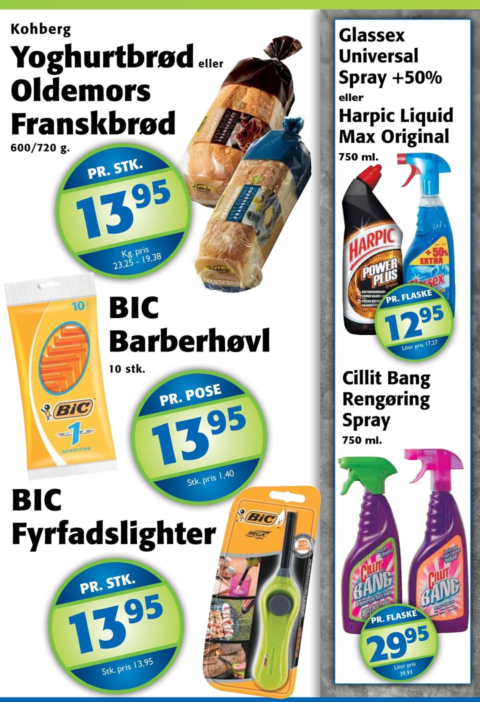 pris 1,40 BIC Fyrfadslighter Glassex Universal Spray +50% eller Harpic Liquid