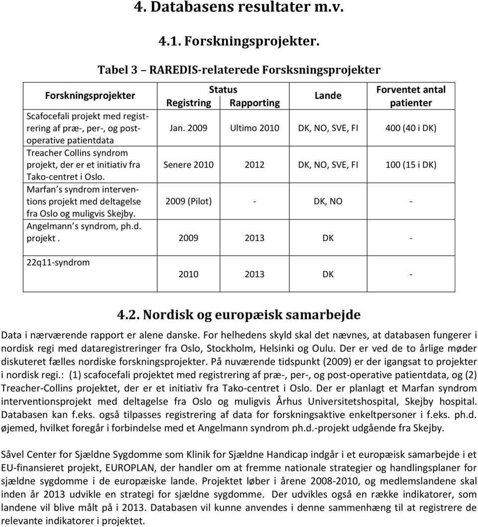 2009 Ultimo 200 DK, NO, SVE, FI 400 (40 i DK) patientdata Treacher Collins syndrom projekt, der er et initiativ fra Senere 200 202 DK, NO, SVE, FI 00 (5 i DK) Tako-centret i Oslo.