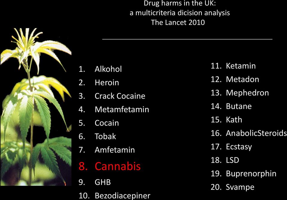 Amfetamin 8. Cannabis 9. GHB 10. Bezodiacepiner 11. Ketamin 12. Metadon 13.