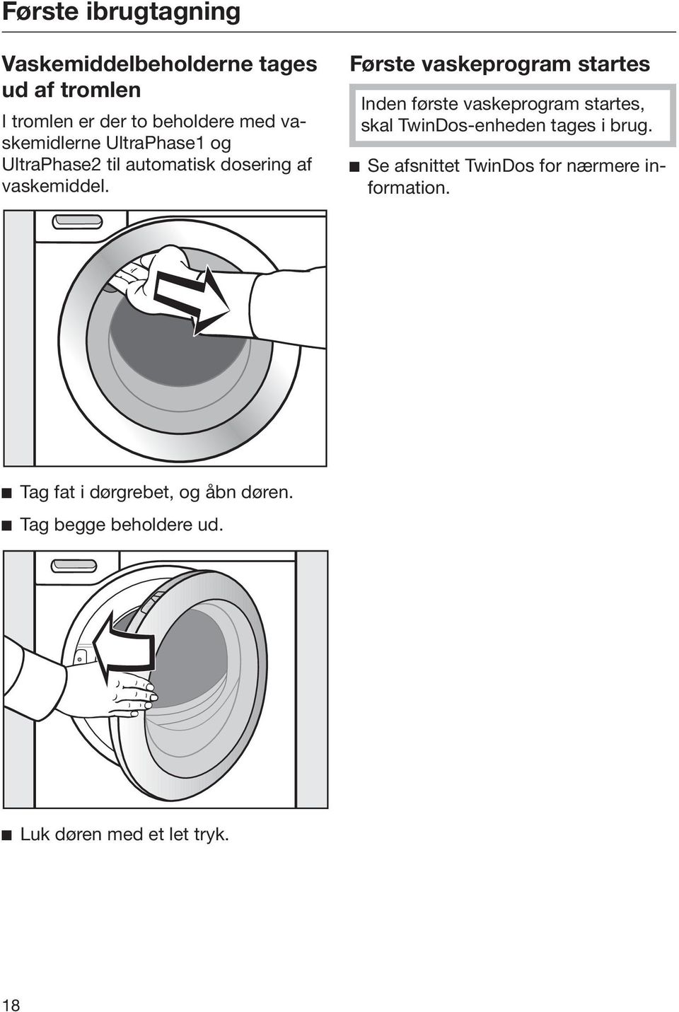 Første vaskeprogram startes Inden første vaskeprogram startes, skal TwinDos-enheden tages i brug.