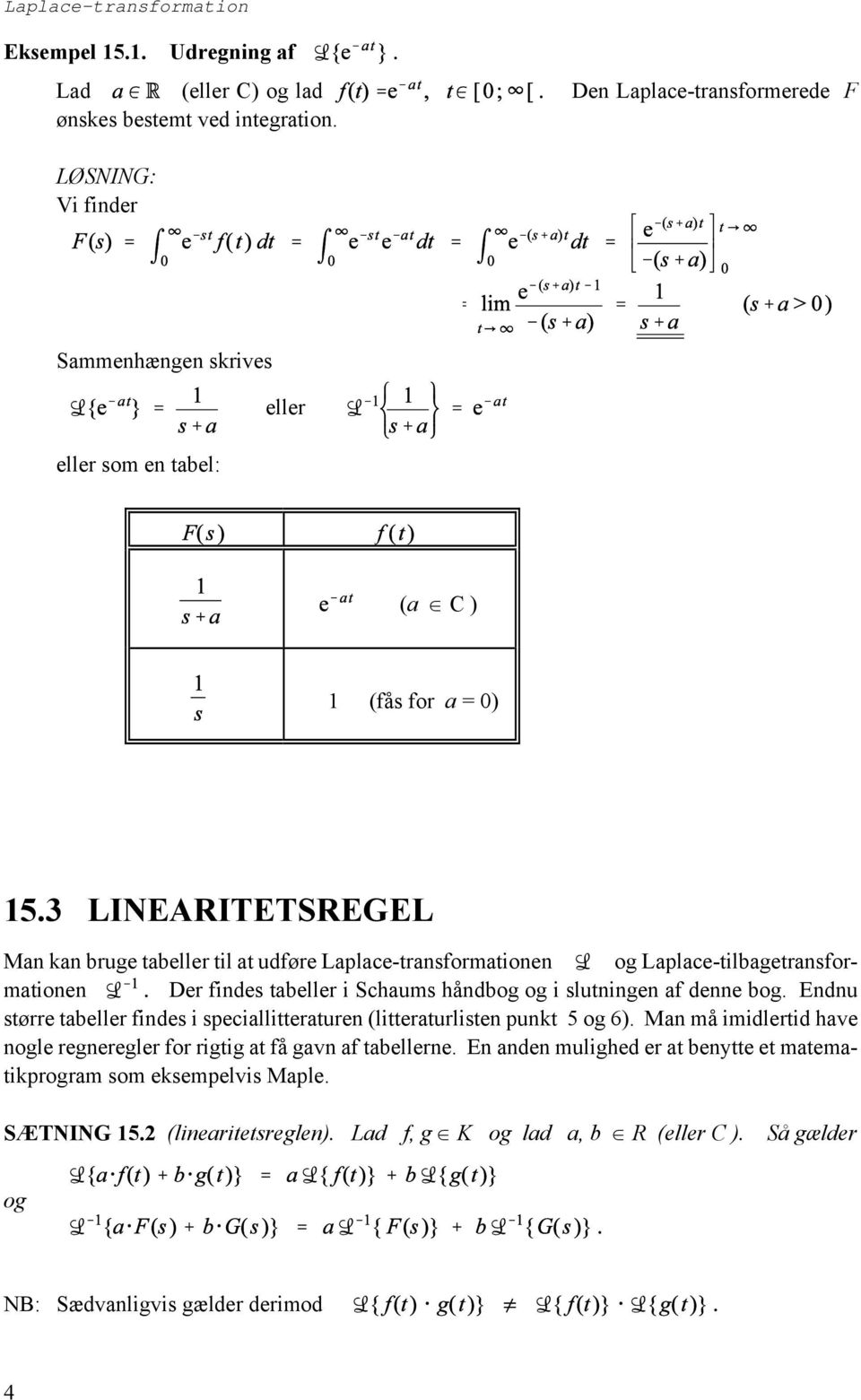 3 LINEARITETSREGEL Man kan bruge tabeller til at udføre Laplace-transformationen og Laplace-tilbagetransformationen Der findes tabeller i Schaums håndbog og i slutningen af denne bog.