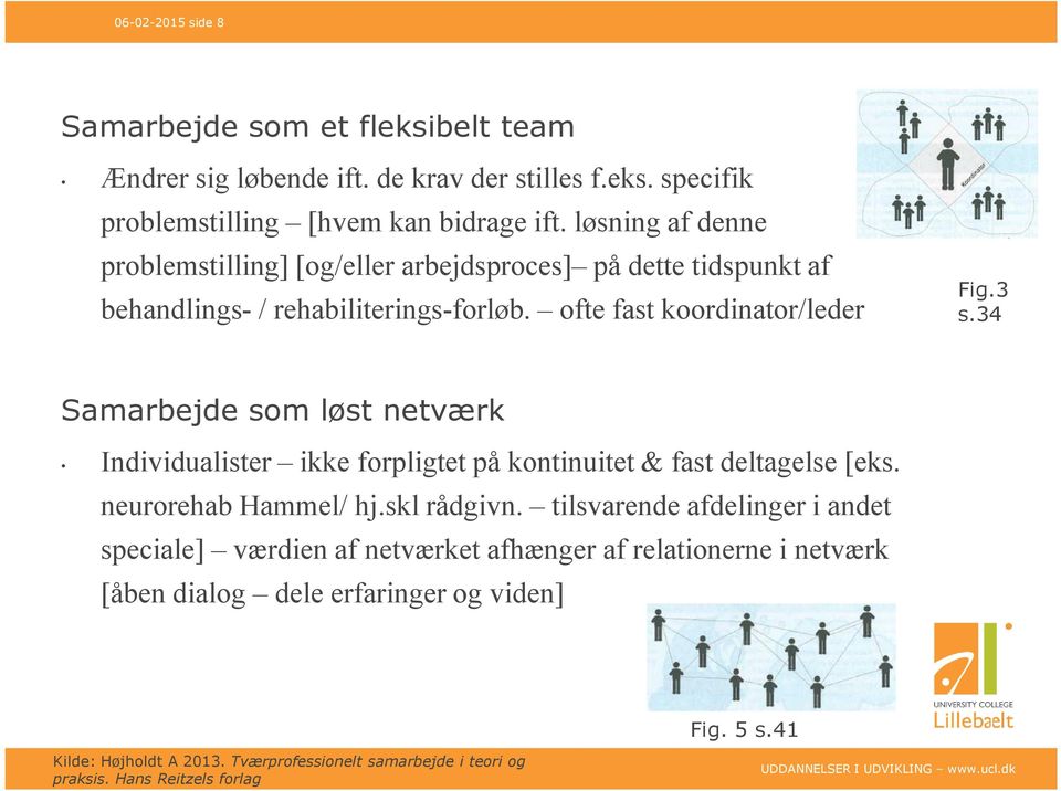 34 Samarbejde som løst netværk Individualister ikke forpligtet på kontinuitet & fast deltagelse [eks. neurorehab Hammel/ hj.skl rådgivn.