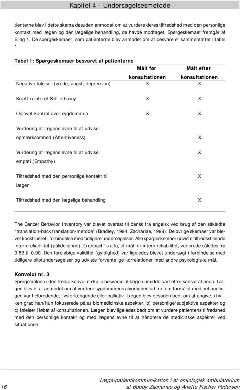 Tabel 1: Spørgeskemaer besvaret af patienterne Målt før konsultationen Målt efter konsultationen Negative følelser (vrede, angst, depression) X X Kræft-relateret Self-efficacy X X Oplevet kontrol