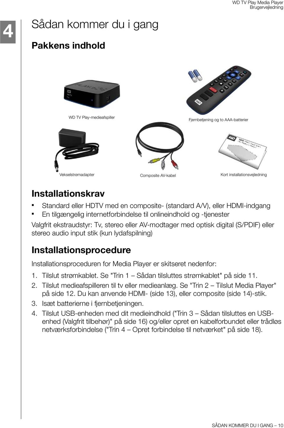 digital (S/PDIF) eller stereo audio input stik (kun lydafspilning) Installationsprocedure Installationsproceduren for Media Player er skitseret nedenfor: 1. Tilslut strømkablet.