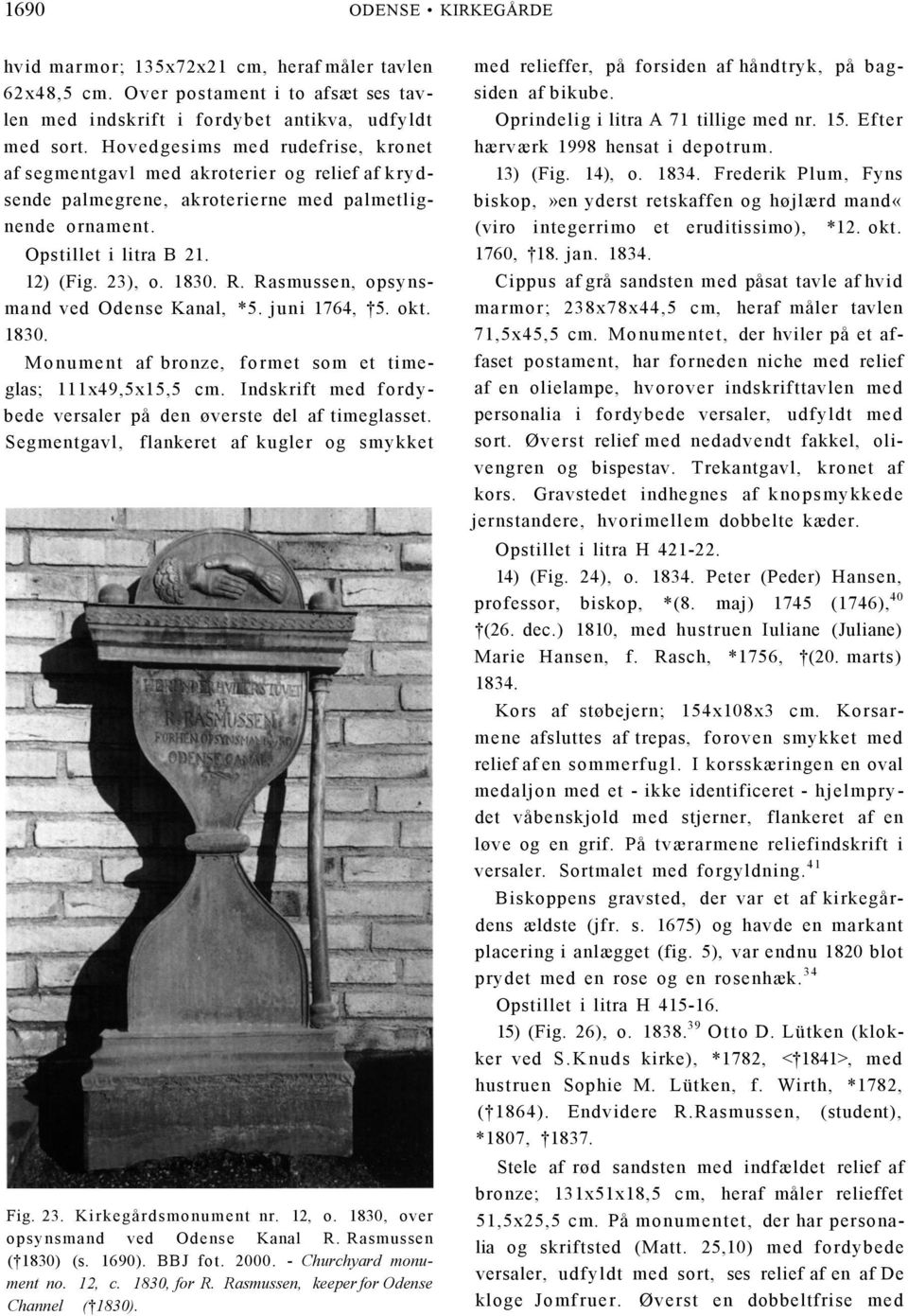 Rasmussen, opsynsmand ved Odense Kanal, *5. juni 1764, 5. okt. 1830. Monument af bronze, formet som et timeglas; 111x49,5x15,5 cm. Indskrift med fordybede versaler på den øverste del af timeglasset.